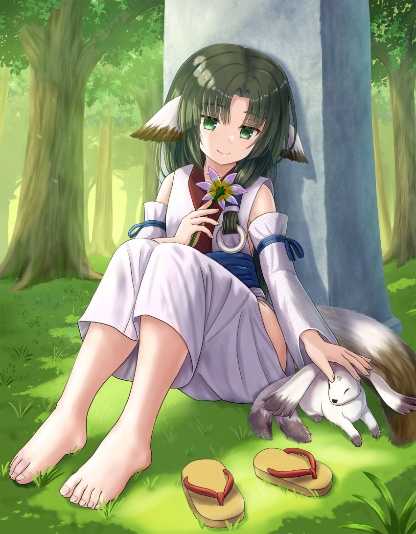 1girl absurdres animal_ears aruruu bare_shoulders brown_sandals closed_mouth commission day detached_sleeves flower forest gachatara green_eyes green_hair highres holding holding_flower iroha_(iroha_matsurika) japanese_clothes kimono knees_up long_hair long_sleeves nature obelisk outdoors parted_bangs petting pink_flower pixiv_commission sandals smile solo tree utawarerumono utawarerumono:_itsuwari_no_kamen white_kimono white_sleeves wide_sleeves zouri