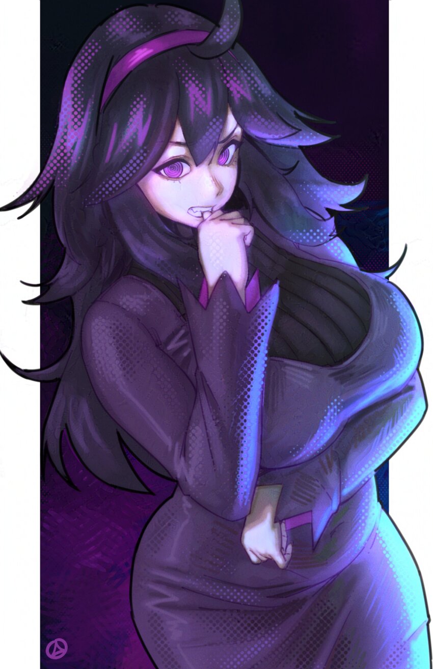 1girl absurdres ahoge alternate_breast_size arm_under_breasts asakiiart belly biting biting_own_thumb blue_light breasts clenched_teeth covered_navel cowboy_shot dress fang hair_between_eyes hairband hand_up hex_maniac_(pokemon) highres large_breasts long_dress long_hair long_sleeves looking_at_viewer nintendo plump pokemon pokemon_xy purple_dress purple_eyes purple_hair purple_hairband ringed_eyes sidelighting solo teeth turtleneck turtleneck_dress v-shaped_eyebrows