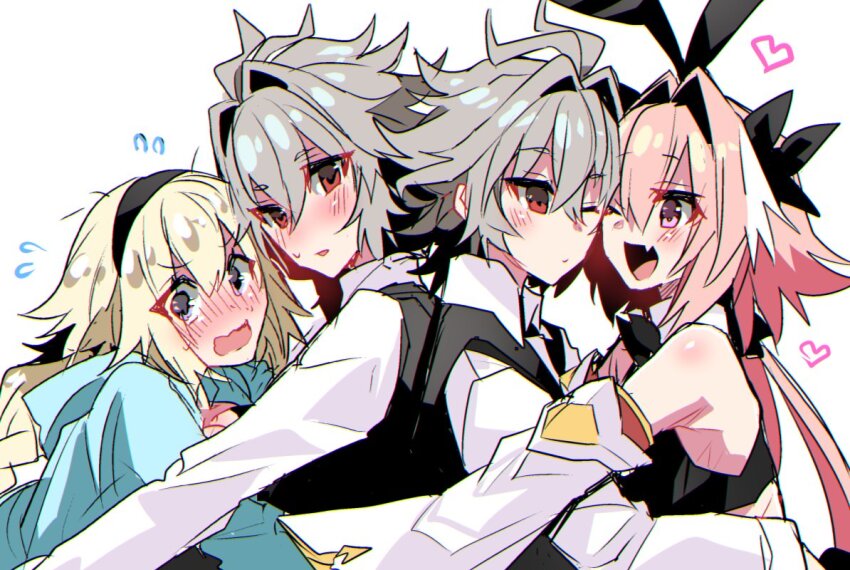 1girl 3boys androgynous animal_ears antenna_hair astolfo_(fate) astolfo_(saber)_(fate) astolfo_(saber)_(first_ascension)_(fate) bare_shoulders black_bow blonde_hair blush bow detached_sleeves eyelashes fate/apocrypha fate/grand_order fate_(series) flying_sweatdrops full-face_blush grey_hair hair_intakes haoro heart hug jeanne_d&#039;arc_(fate) long_hair multiple_boys pink_hair purple_eyes rabbit_ears red_eyes short_hair sieg_(fate) simple_background white_background