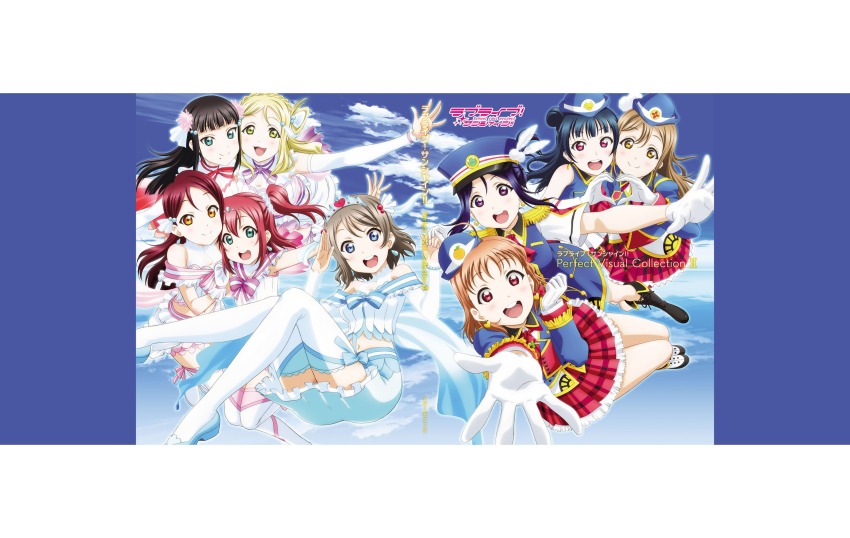 6+girls :d aqua_eyes artbook black_hair blonde_hair blue_eyes blue_hair boots bow braid brown_hair feathers floating_hair gloves grey_hair hair_bun hair_ornament hair_ribbon happy_party_train hat high_heels highres jewelry koi_ni_naritai_aquarium kunikida_hanamaru kurosawa_dia kurosawa_ruby long_hair looking_at_viewer love_live! love_live!_sunshine!! matsuura_kanan midriff miniskirt mole mole_under_mouth multiple_girls non-web_source official_alternate_costume official_art ohara_mari open_mouth orange_hair outstretched_arms pleated_skirt purple_eyes red_eyes red_hair red_skirt ribbon sakurauchi_riko short_hair skirt smile takami_chika teeth thighhighs tsushima_yoshiko two_side_up upper_teeth_only watanabe_you white_gloves yellow_eyes