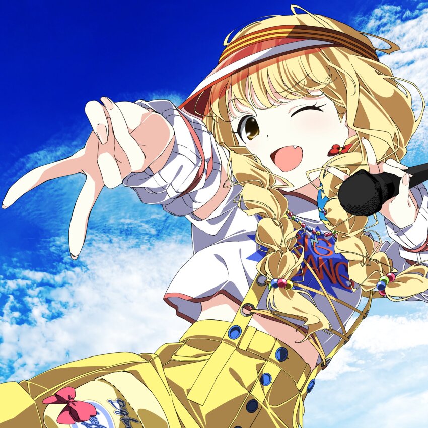 1girl blonde_hair blue_sky braid cloud cropped_shirt day detached_sleeves double_v fang fingernails fujita_kotone gakuen_idolmaster hair_bobbles hair_ornament hair_ribbon high-waist_shorts highres idolmaster insomnia_(insomnia_plus) jewelry long_hair microphone midriff_peek necklace one_eye_closed open_mouth outstretched_arm ribbon shirt short_sleeves shorts sky smile solo suspenders twin_braids v visor_cap white_shirt yellow_big_bang!_(idolmaster) yellow_eyes yellow_shorts