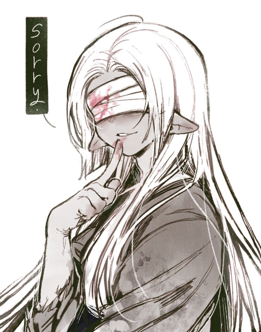 1boy bandages bandages_over_eyes blood blood_on_hands bloody_bandages commentary english_commentary english_text finger_to_mouth highres homicipher long_hair male_focus pointy_ears simple_background solo sweeeet_him upper_body white_background white_hair