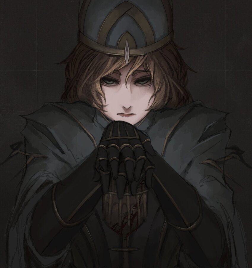 1girl black_background black_gloves blonde_hair cape closed_mouth dark_souls_(series) dark_souls_i expressionless gloves hair_between_eyes hands_up helmet highres lord&#039;s_blade_ciaran no_mask own_hands_together red_lips satsu-strive solo torn_cape torn_clothes upper_body