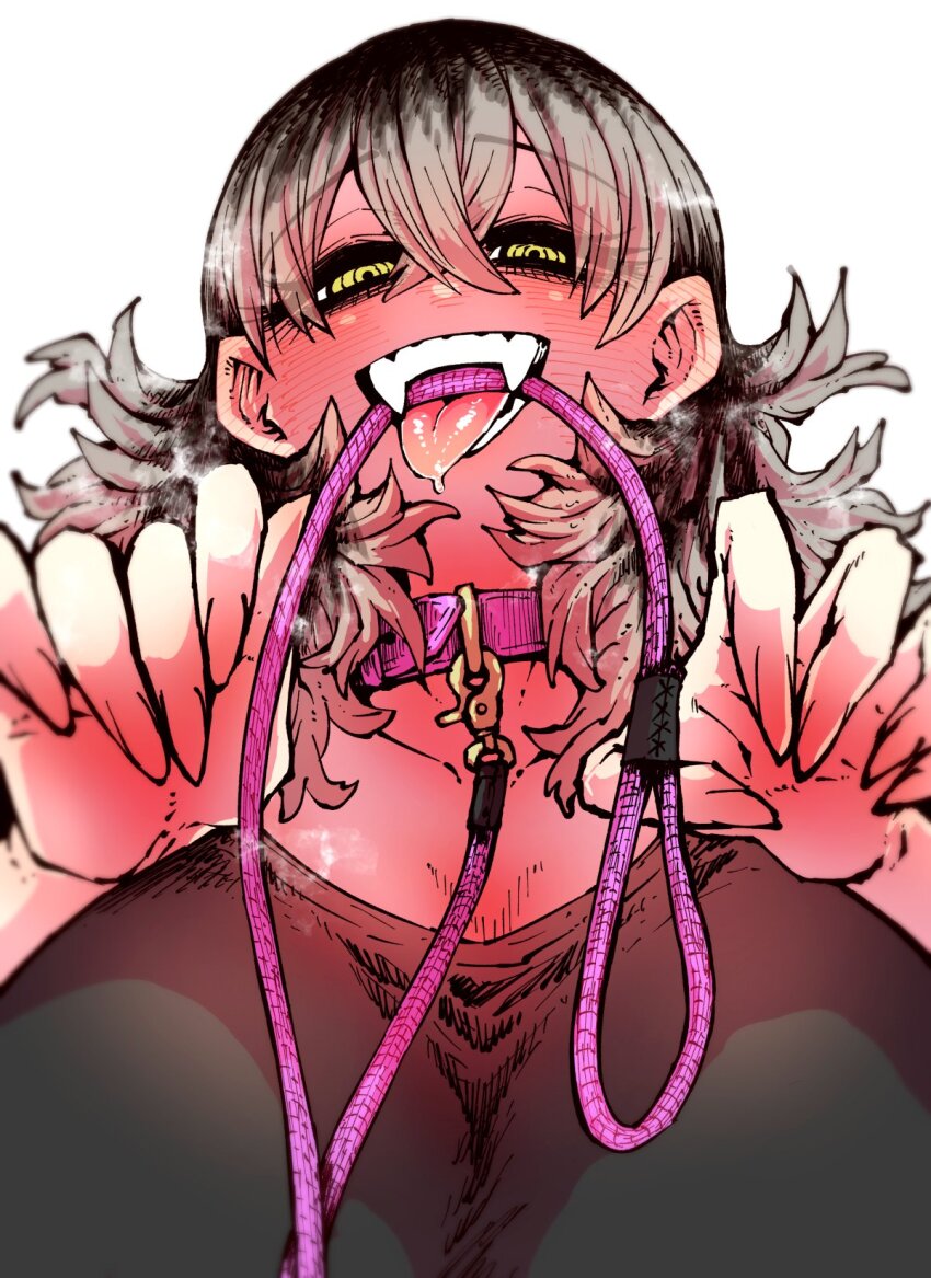 1girl animal_collar aroused black_shirt breasts claw_pose collar fangs grey_hair hair_between_eyes highres holding holding_leash huge_breasts large_breasts leash long_hair looking_at_viewer open_mouth pet_play pink_collar pink_leash ringed_eyes shiba_natsuki shirt simple_background smile solo ss_kabushikigaisha sweat white_background yellow_eyes zyugoya