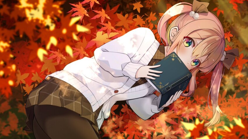 1girl amai_raspberry autumn_leaves black_pantyhose blonde_hair blurry blush book brown_shirt brown_skirt cardigan commentary_request covering_own_mouth depth_of_field hair_between_eyes hair_ornament holding holding_book leaf multicolored_eyes official_art pantyhose pom_pom_(clothes) pom_pom_hair_ornament rasu_(mtn) razz_production second-party_source shirt skirt solo twintails white_cardigan