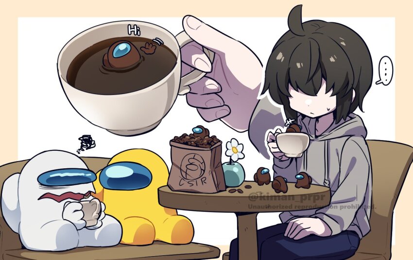 ... 6+others ahoge ambiguous_gender among_us androgynous bag blue_pants brown_(among_us) chair coffee coffee_beans crewmate_(among_us) cup disembodied_hand disposable_cup english_text flower grey_hoodie holding holding_cup hood hood_down hoodie impostor_(among_us) kiman looking_at_another minimized multiple_others no_eyes original pants scowl short_hair sidelocks sitting spacesuit spoken_ellipsis squiggle sweatdrop table teacup they_(kiman) twitter_username vase watermark waving white_(among_us) yellow_(among_us)