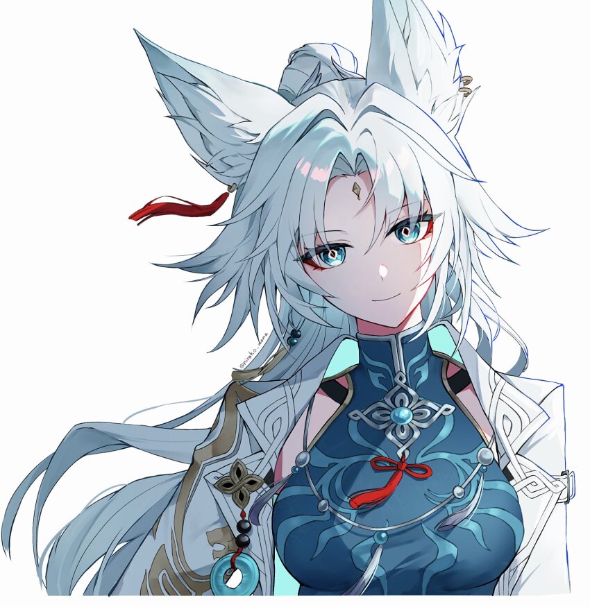 1girl animal_ear_fluff animal_ears blue_eyes border breasts chinese_clothes coat commentary feixiao_(honkai:_star_rail) forehead_jewel fox_ears green_shirt high_ponytail highres honkai:_star_rail honkai_(series) large_breasts long_hair looking_at_viewer mandarin_collar nirako_mona ponytail shirt simple_background sleeveless sleeveless_shirt smile solo twitter_username upper_body white_background white_border white_coat white_hair