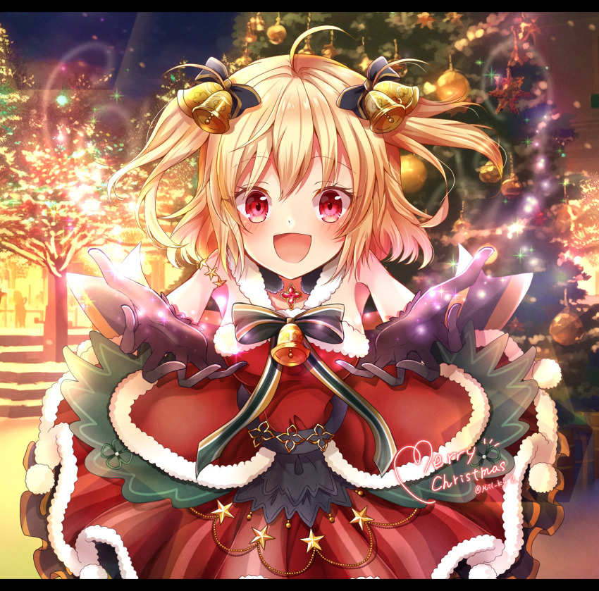 1girl ayano_rika_(christmas_ver.) black_hair christmas christmas_ornaments gloves highres looking_at_viewer magia_record:_mahou_shoujo_madoka_magica_gaiden mahou_shoujo_madoka_magica open_mouth smile solo yuramero67