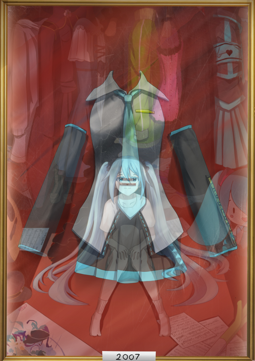 1girl 2007 absurdres black_skirt black_sleeves blue_eyes blue_hair blue_necktie blue_skirt brown_jacket camisole camisole_removed character_doll closed_mouth collared_shirt commentary detached_sleeves display_case doll english_commentary full_body fuwapuchi green_jacket grey_shirt hair_between_eyes hatsune_miku highres jacket koi_wa_sensou_(vocaloid) kram_(user_peaw5424) long_bangs long_hair long_sleeves matryoshka_(vocaloid) military_uniform miniskirt necktie pink_camisole pleated_skirt reflection ren&#039;ai_saiban_(vocaloid) romeo_to_cinderella_(vocaloid) senbonzakura_(vocaloid) sheet_music shinkai_shoujo_(vocaloid) shirt sitting skirt sleeveless sleeveless_shirt smile socks solo spring_onion t-shirt track_jacket twintails unworn_jacket unworn_shirt unworn_skirt very_long_hair vocaloid white_shirt white_socks