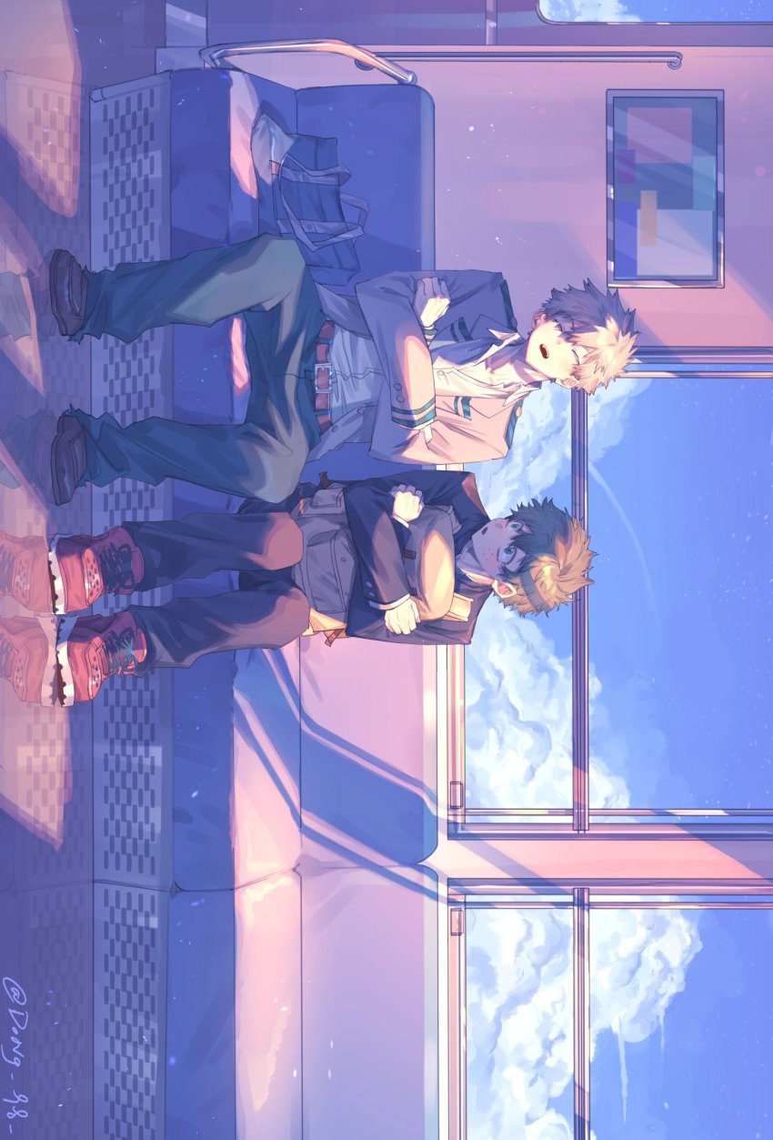 2boys bag bakugou_katsuki belt black_pants blazer blonde_hair blue_sky blush board boku_no_hero_academia buttoned_cuffs buttons closed_eyes cloud collared_shirt commentary crossed_arms dong_98 freckles gakuran grey_jacket head_tilt highres hugging_object jacket long_sleeves looking_at_another male_focus midoriya_izuku multiple_boys open_clothes open_jacket open_mouth pants pastel_colors red_footwear reflection school_uniform seat shadow shirt shoes short_hair shoulder_bag sidelighting sideways sitting sky sleeping sleeping_upright sneakers spiked_hair spread_legs symbol-only_commentary teeth time_paradox train_interior twitter_username u.a._school_uniform upper_teeth_only white_shirt window