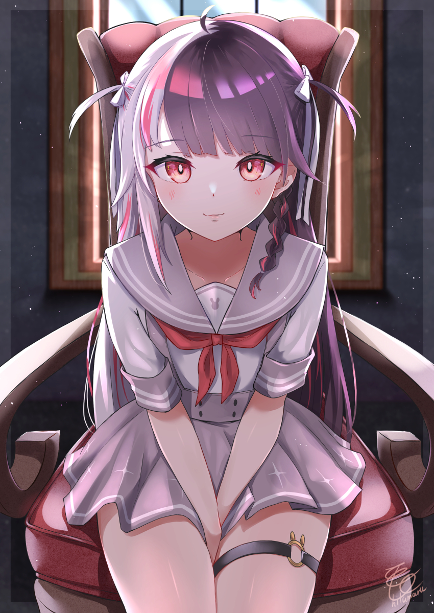 1girl absurdres ahoge artist_name between_legs black_hair blunt_bangs blush bow braid chair collarbone cowboy_shot grey_sailor_collar grey_skirt hair_bow hand_between_legs highres hilamaru indoors long_hair multicolored_hair nijisanji o-ring o-ring_thigh_strap pleated_skirt red_bow red_eyes red_hair ribbon sailor_collar school_uniform serafuku shirt short_sleeves side_braid signature single_sidelock sitting skirt smile solo split-color_hair streaked_hair thigh_strap thighs two-tone_hair virtual_youtuber white_bow white_hair white_ribbon white_shirt window yorumi_rena yorumi_rena_(9th_costume)