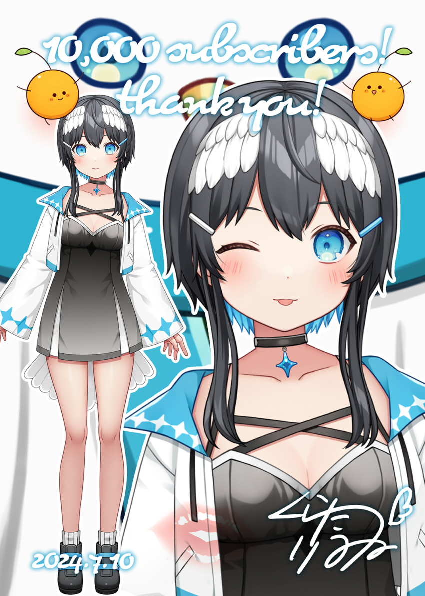 1girl ;p bird_tail black_dress black_footwear black_hair blue_eyes blue_hair blush breasts cleavage closed_mouth collarbone commentary_request cropped_jacket dated dress feathered_wings hair_ornament hairclip head_wings highres indie_virtual_youtuber jacket kurata_rine kurata_rine_(vtuber) long_hair long_sleeves medium_breasts milestone_celebration multicolored_hair multiple_views one_eye_closed open_clothes open_jacket ribbed_legwear shoes small_breasts smile socks standing tail thank_you tongue tongue_out two-tone_hair virtual_youtuber white_jacket white_socks white_wings wide_sleeves wings
