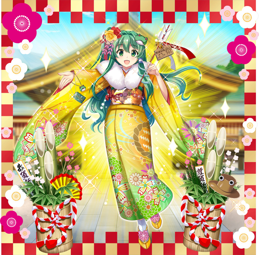 1girl alternate_costume alternate_hairstyle arrow_(projectile) bamboo blue_sky blurry blurry_background border brown_hat building checkered_border ema floral_print flower flower_request frog_hair_ornament full_body fur_trim furisode game_cg gradient_clothes gradient_kimono green_hair green_kimono hair_flower hair_ornament hamaya hat highres japanese_clothes kadomatsu kimono kochiya_sanae kochiya_sanae_(victory_wind_priestess) long_hair long_sleeves looking_at_viewer moriya_shrine multicolored_kimono new_year obi obijime official_art open_mouth outdoors pink_flower print_kimono pyonta red_flower rotte_(1109) sash shoes sky smile snake_hair_ornament socks solo sparkle tabi third-party_source touhou touhou_lostword translation_request transparent_background unworn_hat unworn_headwear very_long_hair white_flower white_socks wide_sleeves yellow_flower yellow_kimono yellow_shoes