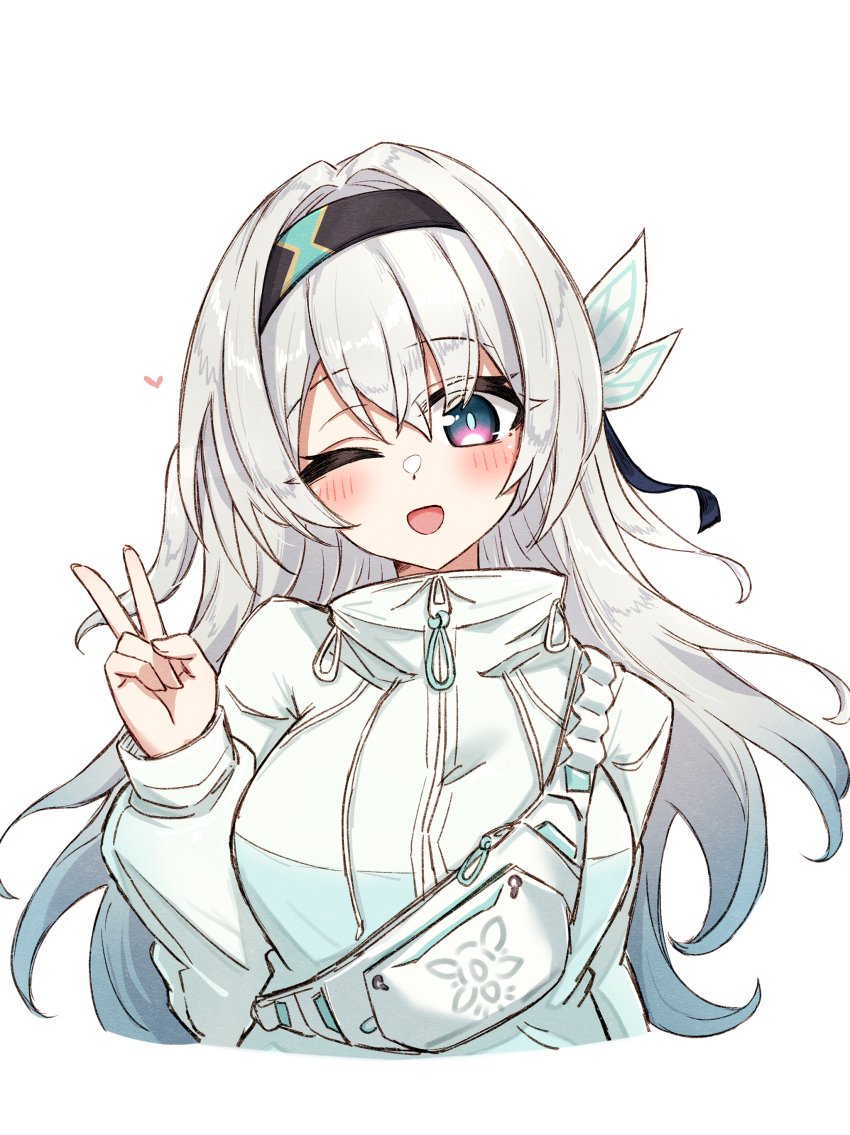 1girl ;d absurdres black_hairband blue_eyes blush breasts commentary cropped_torso firefly_(honkai:_star_rail) hair_between_eyes hairband head_tilt heart highres honkai:_star_rail honkai_(series) jacket long_hair long_sleeves looking_at_viewer maiq06 multicolored_eyes one_eye_closed open_mouth purple_eyes simple_background smile solo two-tone_eyes v white_background white_hair white_jacket