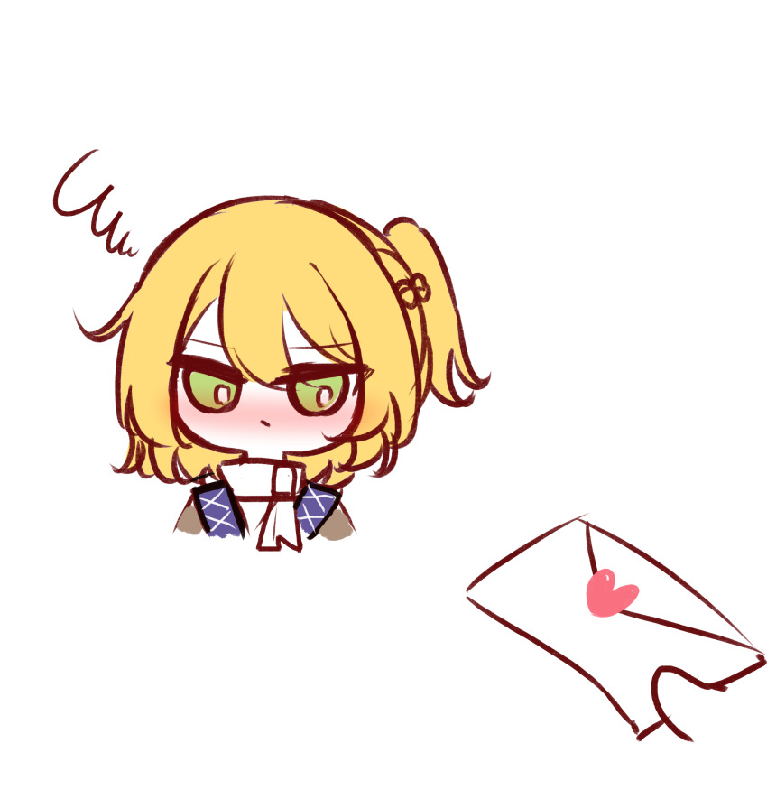1girl absurdres blonde_hair blush braid chibi chibi_only chinese_commentary closed_mouth commentary_request envelope frown green_eyes half_up_braid highres holding holding_envelope holding_letter letter looking_at_viewer love_letter mizuhashi_parsee ponytail scarf shen_bi_ren_(user_rjgy2824) short_hair short_ponytail simple_background solo squiggle touhou upper_body white_background white_scarf