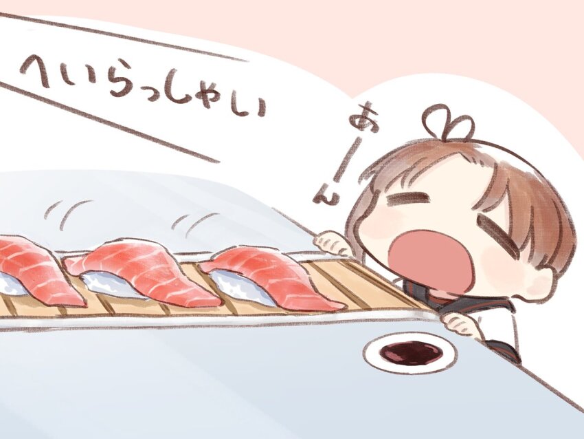 1girl ayanami_(kancolle) ayanami_kai_ni_(kancolle) black_ribbon black_sailor_collar blush brown_hair chibi closed_eyes commentary_request conveyor_belt_sushi food hair_ribbon kantai_collection kirigaya_yuuji open_mouth ribbon sailor_collar school_uniform serafuku side_ponytail simple_background solo sushi translation_request