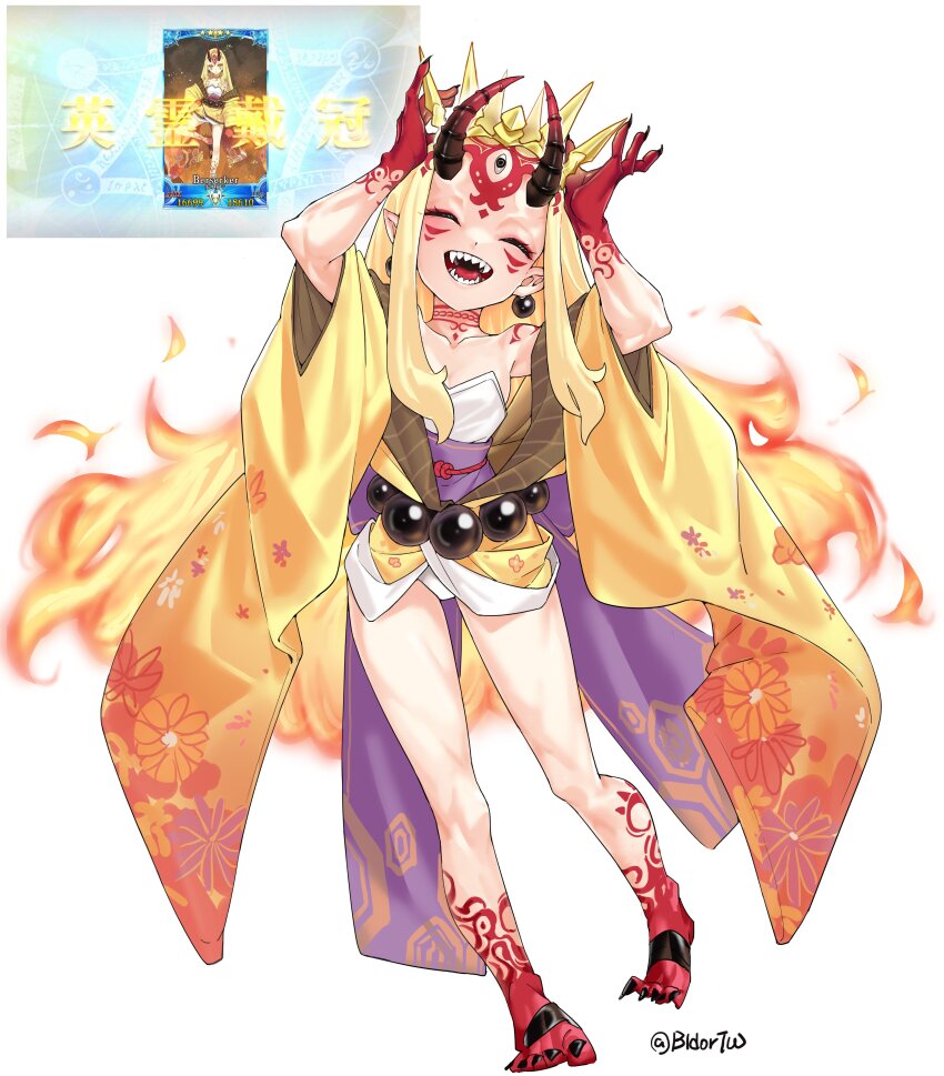 1girl absurdres bidortw blonde_hair breasts colored_extremities crown earrings fate/grand_order fate_(series) fiery_hair fingernails game_screenshot_inset highres horns ibaraki_douji_(fate) jewelry long_hair pointy_ears sharp_fingernails sharp_teeth small_breasts teeth twitter_username white_background wide_sleeves