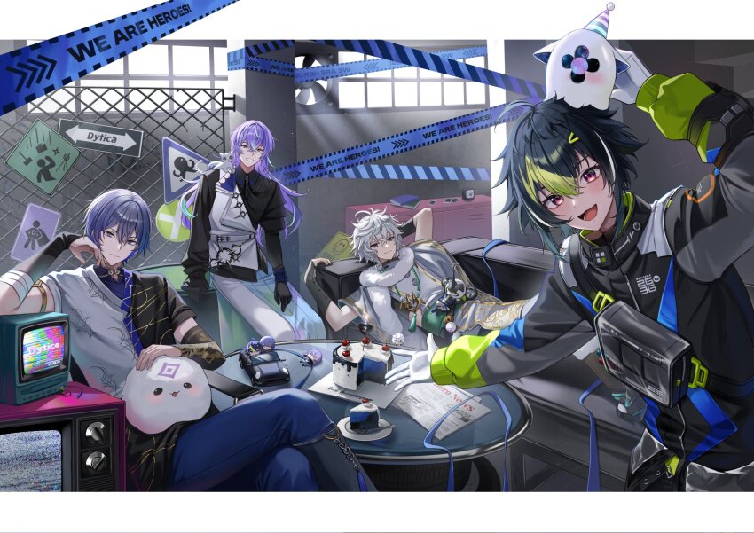 4boys animal animal_on_head black_gloves black_hair black_jacket blue_eyes blue_hair blue_pants cake cake_slice caution_tape chain-link_fence closed_mouth commentary_request couch crossed_legs dytica_(nijisanji) fence food fork gloves green_eyes green_hair grey_eyes hat head_rest headphones heterochromia highres hoshirube_sho hoshirube_sho_(1st_costume) inami_rai inami_rai_(1st_costume) indoors jacket japanese_clothes koyanagi_rou koyanagi_rou_(1st_costume) letterboxed long_hair looking_at_viewer lying male_focus multicolored_hair multicolored_jacket multiple_boys murakumo_kagetsu murakumo_kagetsu_(1st_costume) nijisanji on_back on_head open_mouth otomo_(hoshirube_sho) pants party_hat plate pora_0918 purple_eyes purple_hair racing_suit red_eyes scarf short_hair sign smile streaked_hair table television toy_car two-tone_jacket upper_body virtual_youtuber warning_sign watakumo_(murakumo_kagetsu) white_gloves white_hair white_jacket white_scarf