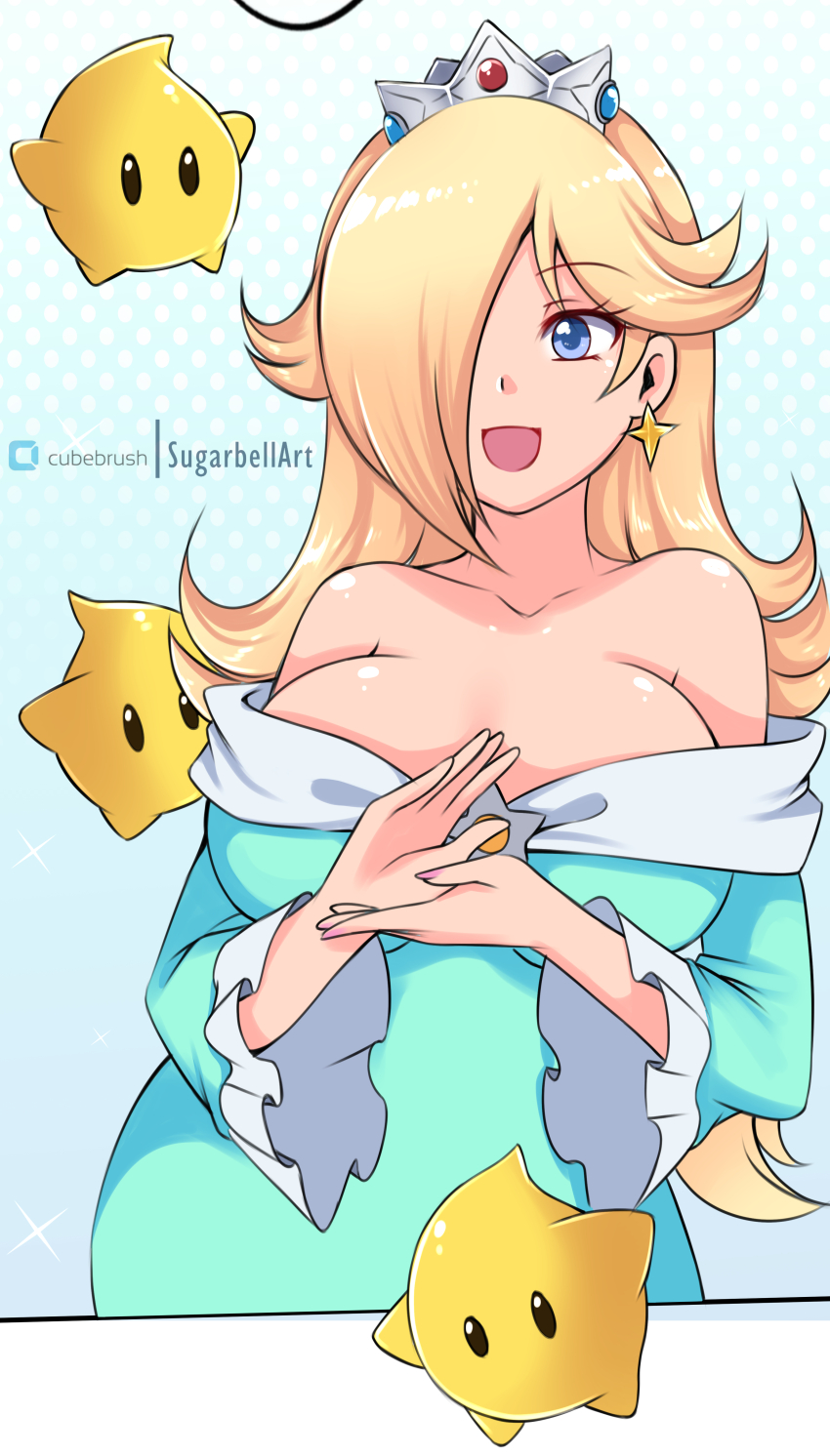 1girl alien blonde_hair blue_background blue_dress blue_eyes blush breasts brooch collarbone creature crown dress hair_over_one_eye jewelry large_breasts long_hair long_sleeves looking_to_the_side luma_(mario) mario_(series) nintendo off-shoulder_dress off_shoulder open_mouth own_hands_together polka_dot polka_dot_background rosalina smile sparkle standing star_(symbol) star_brooch sugarbell super_mario_galaxy upper_body