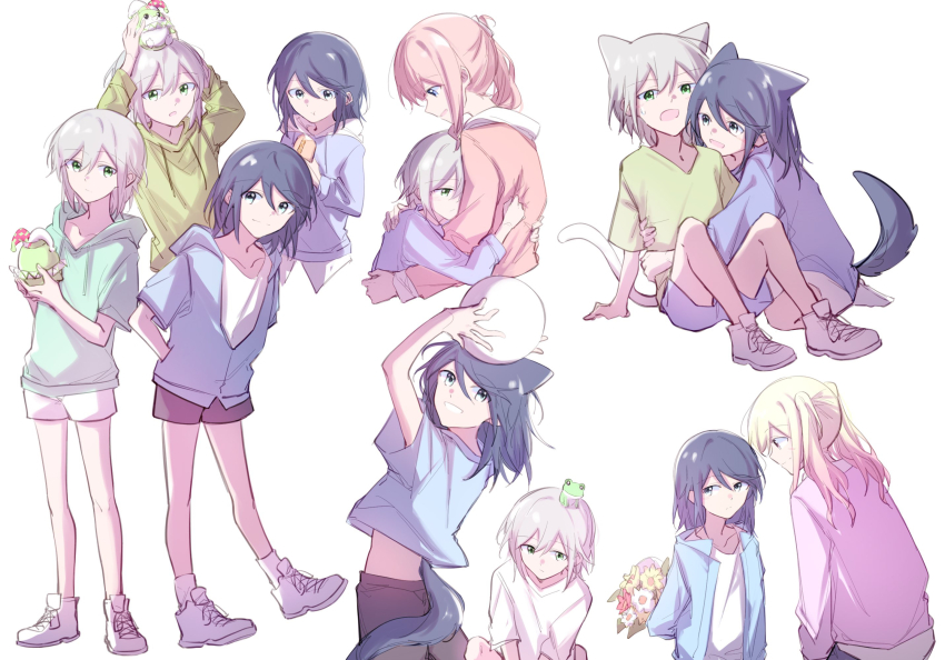 4girls :t animal_ears ball bare_arms bare_legs black_hair black_pants blonde_hair blue_eyes blue_hoodie blue_jacket blue_shirt blue_shorts bouquet cat_ears cat_girl cat_tail chewing closed_mouth collarbone collared_shirt commentary_request cropped_legs dog_ears dog_girl dog_tail eating flower food frog from_side frown full_body gradient_hair green_eyes green_hoodie green_shirt grey_hair grin hair_between_eyes hand_on_another&#039;s_hip hands_in_pockets happy head_on_another&#039;s_shoulder head_on_chest hibioes highres hinomori_shiho holding holding_ball holding_behind_back holding_bouquet holding_food holding_stuffed_toy hood hood_down hooded_jacket hoodie hoshino_ichika_(project_sekai) hot_dog hug jacket kemonomimi_mode kneeling knees knees_up leo/need_(project_sekai) long_hair long_sleeves looking_to_the_side midriff mochizuki_honami multicolored_hair multiple_girls multiple_views object_on_head open_mouth pants partially_unzipped pink_eyes pink_hair pink_jacket pink_sweater project_sekai shirt shirt_under_sweater shoes short_hair short_shorts short_sleeves shorts side_ponytail simple_background sitting smile sneakers stuffed_hamster stuffed_toy sweatdrop sweater t-shirt tail tenma_saki twintails upper_body v-neck white_background white_footwear white_hood white_shirt white_shorts yuri