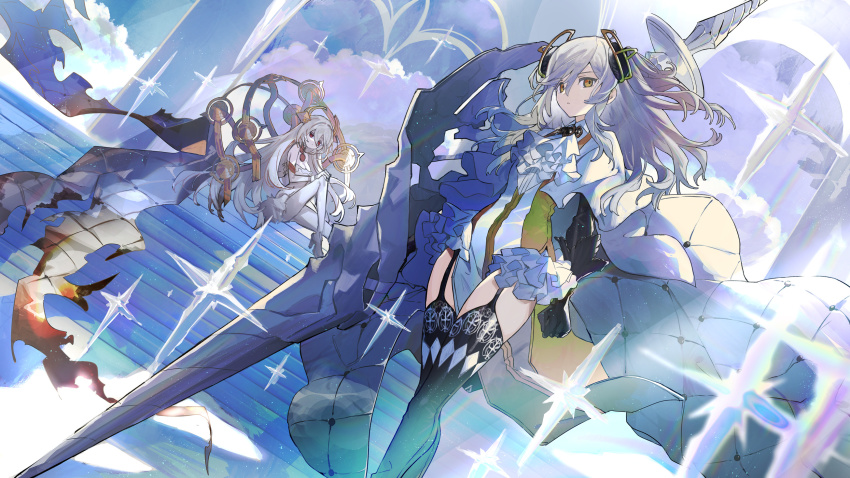2girls alchemy_stars ascot black_gloves black_legwear breasts burnt_clothes cape carleen_(alchemy_stars) cleavage closed_mouth elbow_gloves garter_straps gloves hair_between_eyes hair_ornament hayama_eishi high_heels highres holding holding_lance holding_polearm holding_weapon lance long_hair multiple_girls pelvic_curtain polearm red_eyes sidelocks sky thighhighs uriel_(alchemy_stars) very_long_hair weapon white_ascot white_cape white_hair yellow_eyes