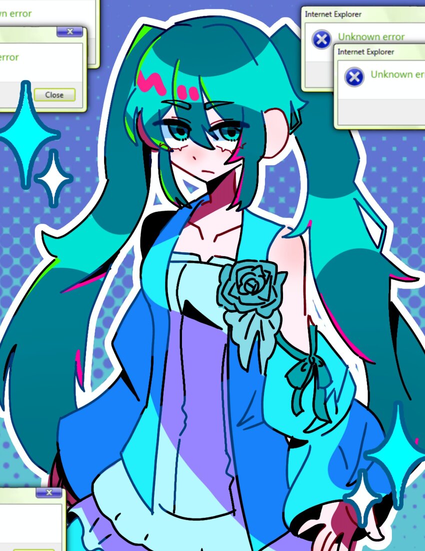 1girl aqua_eyes aqua_flower aqua_hair aqua_rose bare_shoulders blue_dress clothing_cutout collarbone dress dress_flower dress_ribbon error_message evillious_nendaiki flower frilled_dress frills halftone halftone_background hatsune_miku highres long_hair looking_at_viewer ma_meichan margarita_blankenheim nemurase_hime_kara_no_okurimono_(vocaloid) neon_palette rose serious shoulder_cutout sidelocks solo sparkle twintails two-tone_dress very_long_hair vocaloid wide_sleeves window_(computing)