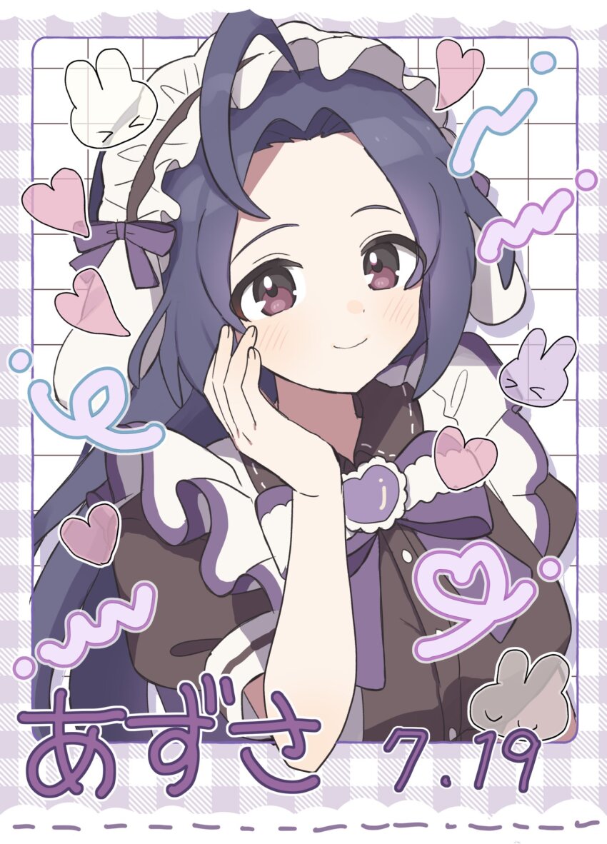 1girl ahoge alternate_hair_length alternate_hairstyle apron arm_at_side birthday black_dress blue_eyes blush border breasts character_name closed_eyes collared_dress commentary curtained_hair dated dot_nose dress fingernails forehead frilled_apron frilled_headwear frills grid_background hand_on_own_cheek hand_on_own_face hand_up headdress heart highres idolmaster idolmaster_(classic) large_breasts long_hair looking_at_viewer maid maid_apron maid_headdress miura_azusa outside_border plaid_border pnt_0202 puffy_short_sleeves puffy_sleeves rabbit red_eyes short_sleeves sidelocks smile solo upper_body white_apron white_headdress