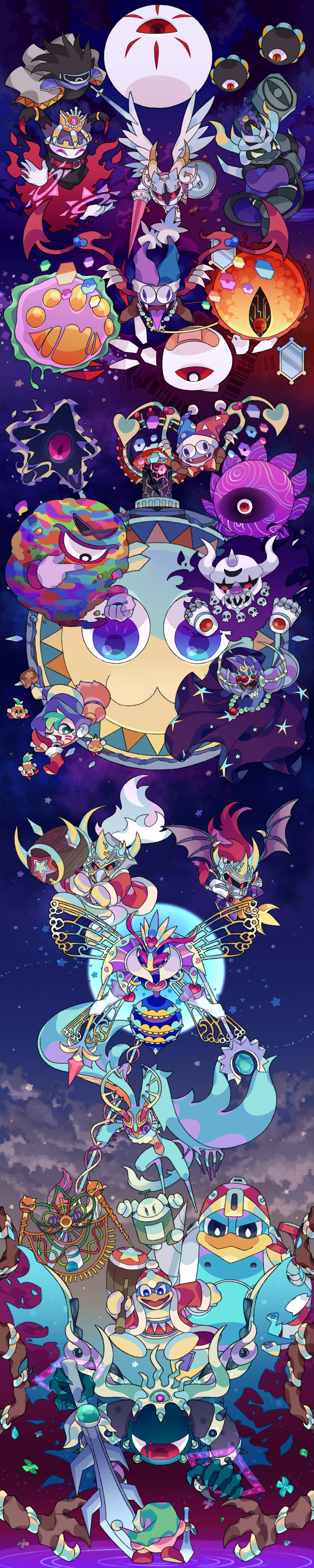 absurdres bat_wings brobo broom broom_riding commentary_request dark_crafter dark_matter_(kirby) dark_matter_blade dark_mind dark_nebula disembodied_hand drawcia drawcia_soul fangs fecto_elfilis flower galacta_knight galaxia_(sword) green_headwear hammer hat heart highres holding holding_hammer holding_shield holding_staff holding_sword holding_weapon horns jester_cap king_d-mind king_dedede kirby kirby&#039;s_adventure kirby&#039;s_block_ball kirby&#039;s_dream_course kirby&#039;s_dream_land kirby&#039;s_dream_land_3 kirby&#039;s_epic_yarn kirby&#039;s_return_to_dream_land kirby&#039;s_return_to_dream_land_deluxe kirby&#039;s_super_star_stacker kirby:_planet_robobot kirby:_star_allies kirby:_triple_deluxe kirby&#039;s_return_to_dream_land_deluxe kirby_(series) kirby_64 kirby_and_the_amazing_mirror kirby_and_the_forgotten_land kirby_and_the_rainbow_curse kirby_canvas_curse kirby_fighters_2 kirby_mass_attack kirby_squeak_squad kirby_super_star kirby_super_star_ultra kujiramaru long_image looking_at_another magolor magolor_epilogue magolor_soul marx_(kirby) marx_soul mask master_crown master_crown_(tree) meta_knight monster multiple_persona necrodeus nightmare_(kirby) nintendo one-eyed one_eye_closed open_mouth pepper_(kirby) queen_sectonia rayman_limbs robo_dedede salt_(kirby) shield staff star_(sky) star_(symbol) star_dream sugar_(kirby) super_kirby_clash sword tail tall_image tongue tongue_out void_termina wall-eyed weapon wings yin-yarn zero_(kirby) zero_two_(kirby)