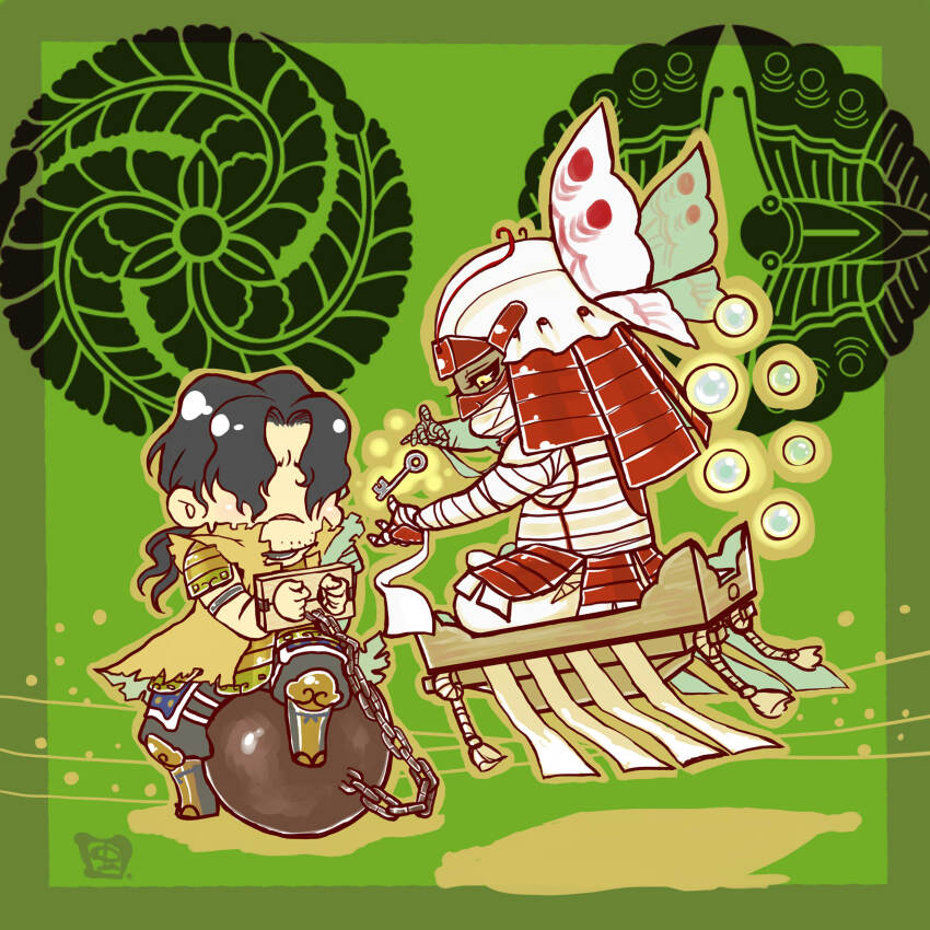 2boys absurdres armor ball_and_chain_restraint bandaged_arm bandaged_hand bandaged_head bandages beard_stubble black_hair black_sclera chibi chibi_only colored_sclera facial_hair floating frown green_background hair_over_eyes helmet highres japanese_armor kabuto_(helmet) key kuroda_kanbei_(sengoku_basara) long_hair looking_at_object low_ponytail male_focus multiple_boys mushimegane333 ootani_yoshitsugu_(sengoku_basara) parted_lips ponytail sengoku_basara stocks stubble yellow_eyes