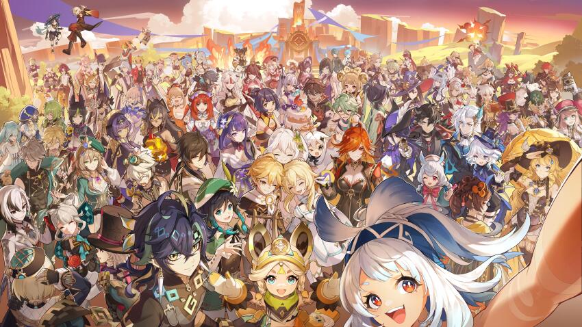 2024_summer_olympics 6+boys 6+girls absolutely_everyone absurdres aether_(genshin_impact) ahoge albedo_(genshin_impact) alhaitham_(genshin_impact) aloy_(horizon) amber_(genshin_impact) animal_ears anniversary arataki_itto arlecchino_(genshin_impact) artist_request ayaka_(genshin_impact) baizhu_(genshin_impact) barbara_(genshin_impact) beidou_(genshin_impact) bennett_(genshin_impact) biker_clothes bikesuit black_bodysuit black_eyes black_gloves black_hair blue_eyes blue_hair bodysuit breasts cake candace_(genshin_impact) cat_girl charlotte_(genshin_impact) chevreuse_(genshin_impact) chinese_clothes chiori_(genshin_impact) chongyun_(genshin_impact) cleavage clorinde_(genshin_impact) closed_eyes closed_mouth collei_(genshin_impact) cosplay cyno_(genshin_impact) dehya_(genshin_impact) diluc_(genshin_impact) diona_(genshin_impact) dori_(genshin_impact) earrings emilie_(genshin_impact) eula_(genshin_impact) everyone explosion faruzan_(genshin_impact) fire fischl_(genshin_impact) floating food freminet_(genshin_impact) frills furina_(genshin_impact) gaming_(genshin_impact) ganyu_(genshin_impact) genshin_impact glasses gloves gorou_(genshin_impact) green_hair guoba_(genshin_impact) hair_between_eyes hair_ornament highres horizon_(video_game) hu_tao_(genshin_impact) japanese_clothes jean_(genshin_impact) jewelry kachina_(genshin_impact) kaedehara_kazuha kaeya_(genshin_impact) kamisato_ayato kaveh_(genshin_impact) keqing_(genshin_impact) kinich_(genshin_impact) kirara_(cat)_(genshin_impact) kirara_(genshin_impact) klee_(genshin_impact) kujou_sara kuki_shinobu layla_(genshin_impact) lisa_(a_sobriquet_under_shade)_(genshin_impact) lisa_(genshin_impact) long_hair long_sleeves looking_at_viewer lumine_(genshin_impact) lynette_(genshin_impact) lyney_(genshin_impact) mavuika_(genshin_impact) mika_(genshin_impact) mona_(genshin_impact) mualani_(genshin_impact) multicolored_hair multiple_boys multiple_girls nahida_(genshin_impact) navia_(genshin_impact) neuvillette_(genshin_impact) nilou_(breeze_of_sabaa)_(genshin_impact) nilou_(genshin_impact) ningguang_(genshin_impact) noelle_(genshin_impact) olympics open_mouth orange_eyes orange_hair outdoors paimon_(genshin_impact) purple_eyes purple_hair qiqi_(genshin_impact) raiden_shogun razor_(genshin_impact) red-framed_eyewear red_hair rosaria_(genshin_impact) sangonomiya_kokomi sayu_(genshin_impact) scaramouche_(genshin_impact) second-party_source sethos_(genshin_impact) shenhe_(genshin_impact) shikanoin_heizou short_hair sigewinne_(genshin_impact) single_earring smile streaked_hair sucrose_(genshin_impact) symbol-shaped_pupils symbol_in_eye tartaglia_(genshin_impact) thoma_(genshin_impact) tighnari_(genshin_impact) two-tone_hair venti_(genshin_impact) very_long_hair wanderer_(genshin_impact) when_you_see_it white_hair wriothesley_(genshin_impact) x-shaped_pupils xiangling_(genshin_impact) xianyun_(genshin_impact) xiao_(genshin_impact) xingqiu_(genshin_impact) xinyan_(genshin_impact) yae_miko yanfei_(genshin_impact) yaoyao_(genshin_impact) yelan_(genshin_impact) yellow_eyes yoimiya_(genshin_impact) yun_jin_(genshin_impact) yusuf_dikec yusuf_dikec_(cosplay) zhongli_(genshin_impact)