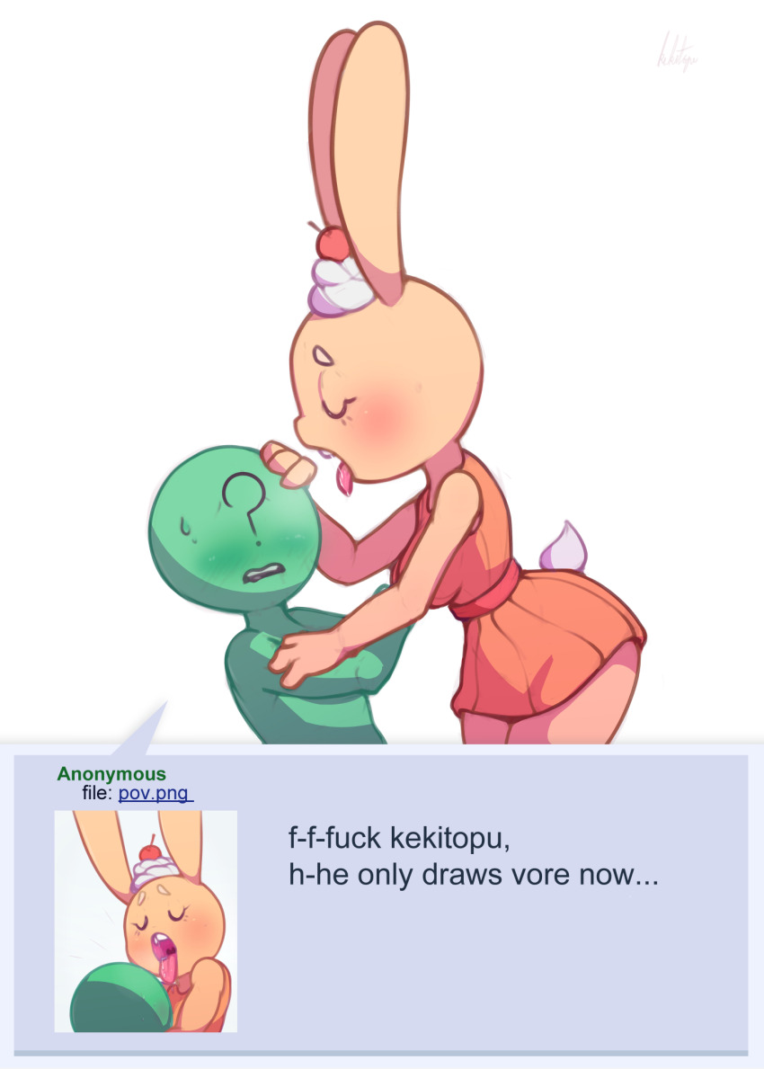 1girl 1other ? artist_name bare_shoulders blush body_fur breasts breath cherry closed_eyes colored_skin cowboy_shot cream dress english_text food food_on_head fruit furry furry_with_non-furry green_skin hand_on_another&#039;s_arm hand_on_another&#039;s_head height_difference highres interspecies keki_(kekitopu) kekitopu leaning_forward medium_breasts multiple_views nervous nose_blush object_on_head open_mouth orange_dress original profanity profile rabbit_ears rabbit_girl rabbit_tail raised_eyebrows saliva short_dress short_tail signature simple_background sleeveless sleeveless_dress speech_bubble standing sweat tail teeth tongue tongue_out tumblr_ask u_u white_background wide_hips yellow_fur