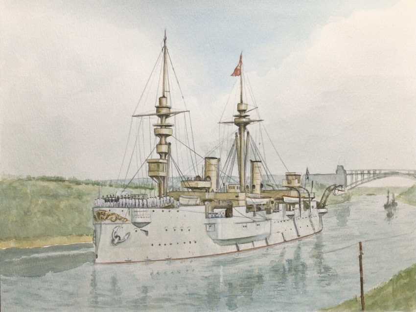 atelier_bono bridge canal cannon highres imperial_german_navy ironclad kiel_canal mast military_vehicle original painting_(medium) ship ship_turret smoke smokestack sms_deutschland_(1874) traditional_media vehicle_focus warship watercolor_(medium) watercraft