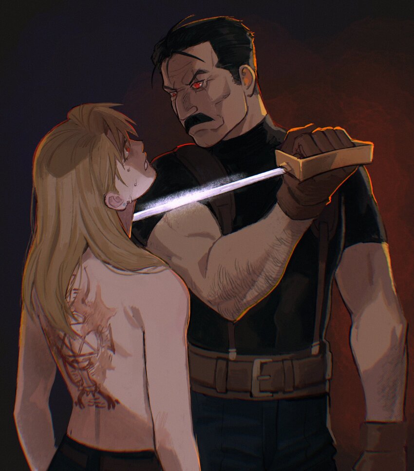 1boy 1girl arm_hair back back_tattoo belt black_hair black_pants black_shirt blade_to_throat blonde_hair brown_belt brown_gloves burn_scar burnt earrings facial_hair fullmetal_alchemist furrowed_brow gloves height_difference highres holding holding_sword holding_weapon jewelry long_hair looking_at_another looking_up magic_circle muscular muscular_male mustache ouroboros pants red_eyes riza_hawkeye scar scar_on_back shirt short_hair short_sleeves suspenders sweat sweatdrop sword tattoo theo_(tomochingus) tight_clothes tight_shirt toned turtleneck undershirt weapon wrath_(fma)