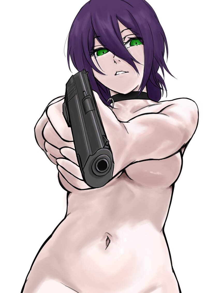 1girl aiming aiming_at_viewer black_choker chainsaw_man choker green_eyes gun hair_between_eyes highres holding holding_gun holding_weapon navel purple_hair reze_(chainsaw_man) simple_background solo thebabalgam weapon white_background