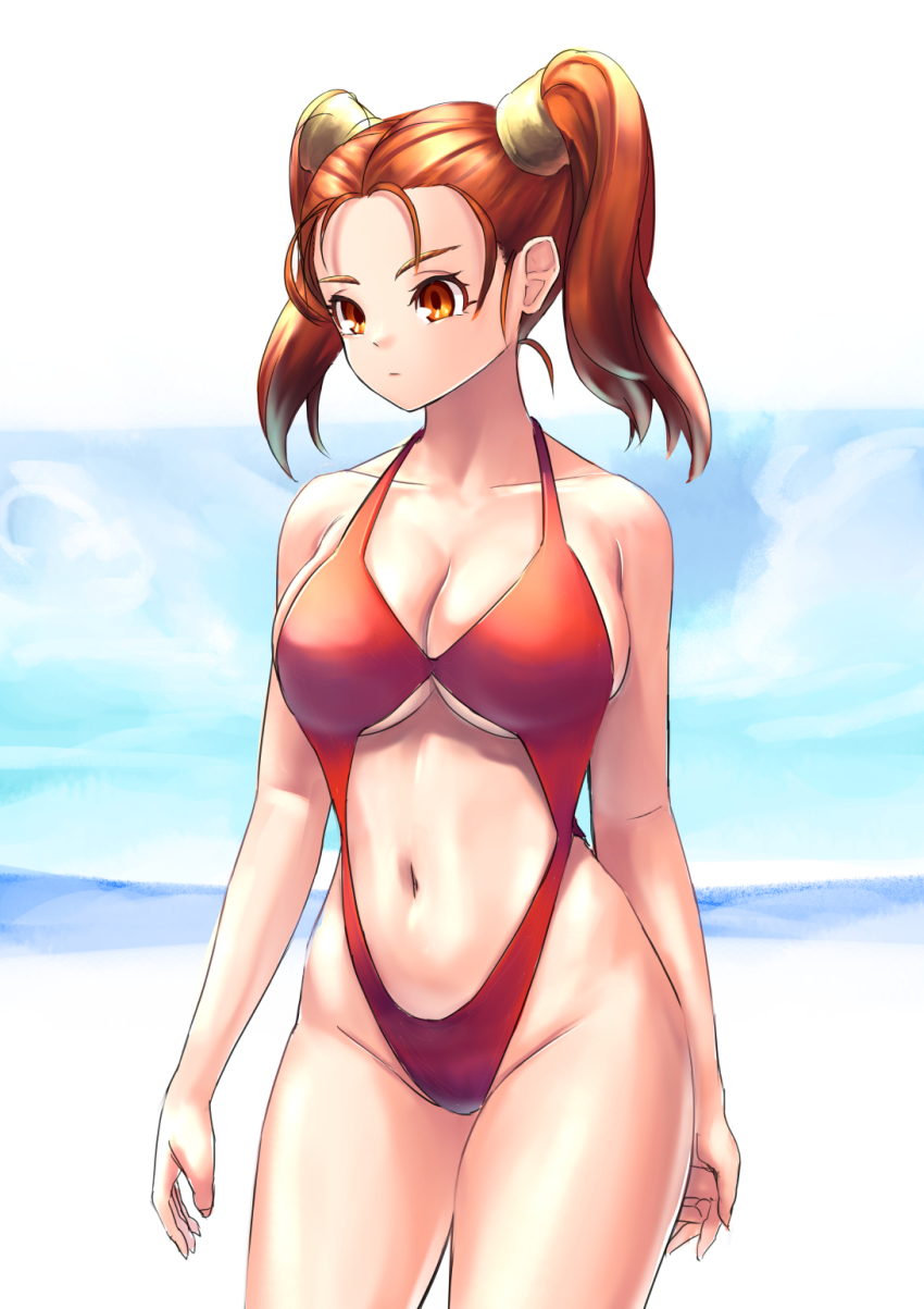 1girl beach blue_sky breasts brown_eyes brown_hair cleavage clothing_cutout cloud commentary_request day dragon_quest dragon_quest_viii highleg highleg_one-piece_swimsuit highres jessica_albert large_breasts long_hair navel_cutout one-piece_swimsuit outdoors red_one-piece_swimsuit revealing_swimsuit_(dq) sky solo standing swimsuit twintails v2
