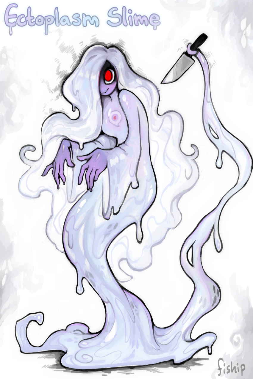 1girl absurdres artist_name breasts commentary core ectoplasm english_commentary english_text full_body highres knife looking_at_viewer matilda_fiship monster_girl no_pupils original red_eyes shaded_face slime_girl small_breasts solo tentacles white_background