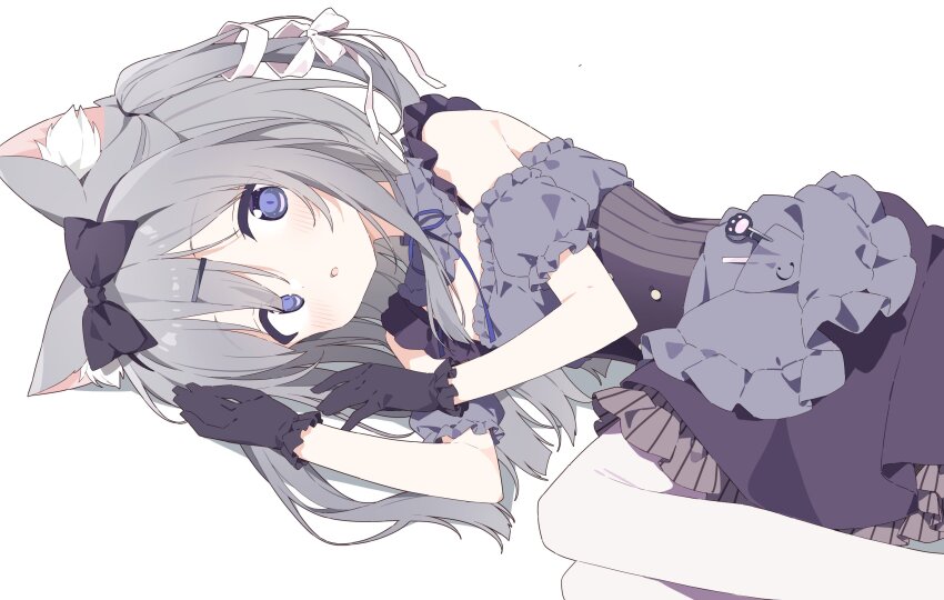 1girl :o amairo_chocolata animal_ear_fluff animal_ears black_gloves black_hairband blush bow cat_ears cat_girl center-flap_bangs collar detached_collar detached_sleeves dress dutch_angle frilled_collar frilled_dress frilled_sleeves frills gloves grey_hair hair_ornament hair_ribbon hairband hairclip highres long_hair looking_at_viewer lying navel on_side open_mouth pantyhose paw_hair_ornament paw_hairpin puffy_sleeves purple_eyes ribbon short_sleeves skirt solo striped_clothes striped_skirt tail tail_ornament tail_ribbon two_side_up urotsuki_(ku9625) vertical-striped_clothes vertical-striped_skirt white_background white_pantyhose white_ribbon yukimura_chieri