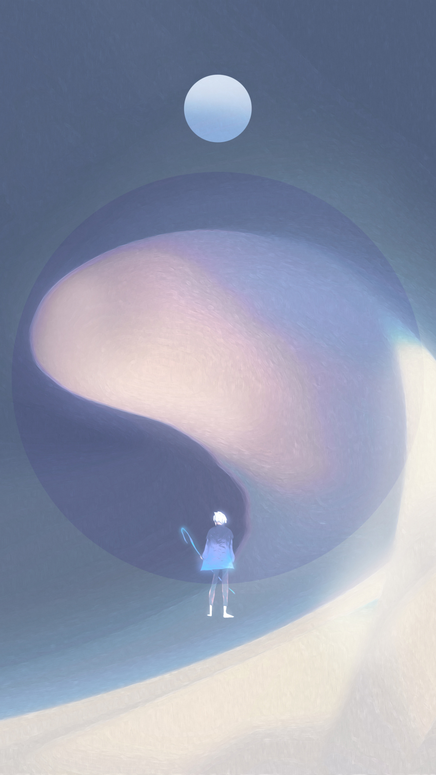 1boy absurdres blue_coat blue_theme coat dkaism from_behind full_moon highres holding holding_staff jack_frost_(rise_of_the_guardians) moon non-web_source rise_of_the_guardians short_hair simple_background size_difference solo staff standing white_hair