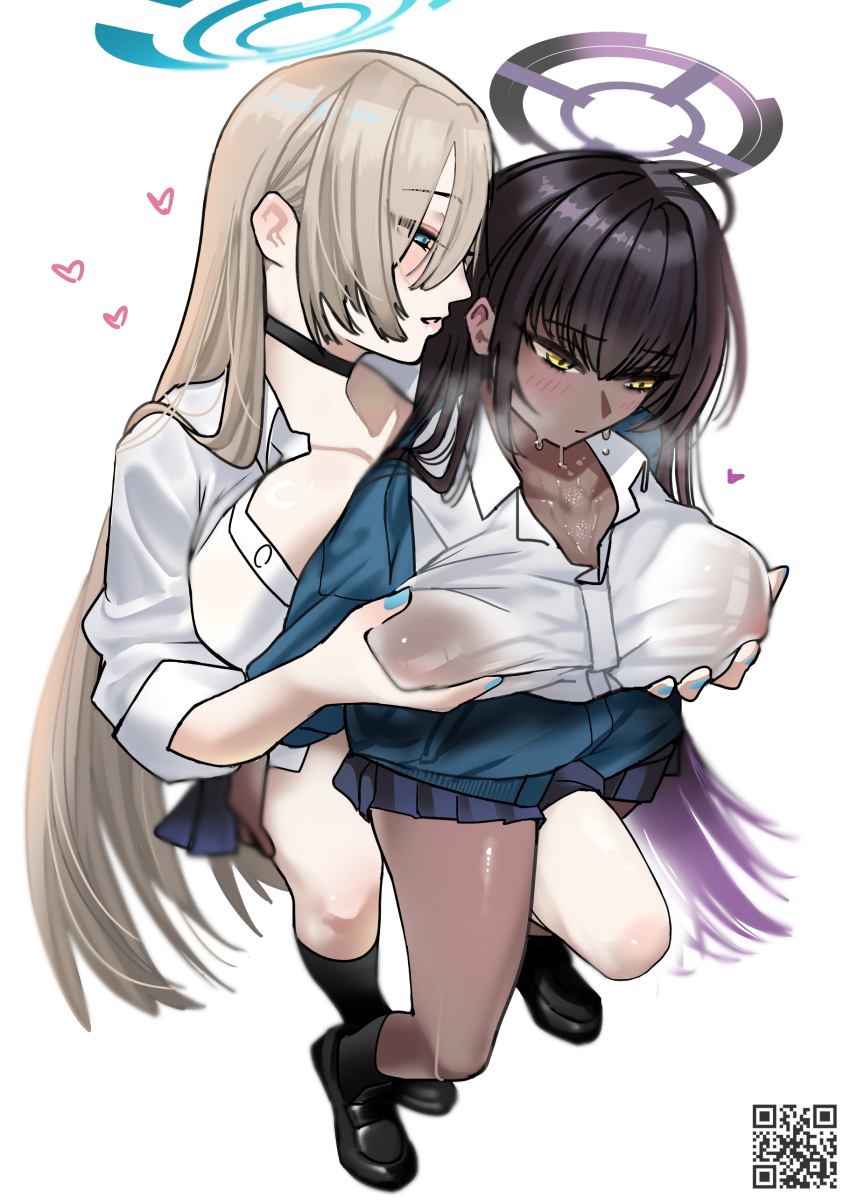 2girls absurdres ahoge asuna_(blue_archive) asuna_(school_uniform)_(blue_archive) black_hair black_shoes black_socks blonde_hair blue_archive blue_cardigan blue_eyes blue_halo blue_skirt blush breasts cardigan choker collarbone covered_erect_nipples dark-skinned_female dark_skin grabbing_another&#039;s_breast grabbing_another&#039;s_thighs gradient_hair groping hair_over_one_eye halo highres karin_(blue_archive) karin_(school_uniform)_(blue_archive) large_breasts leg_up long_hair looking_at_another looking_down multicolored_hair multiple_girls nipples open_cardigan open_clothes parted_lips pleated_skirt purple_hair purple_halo see-through_clothes shirt shoes sitting sitting_on_person skirt sleeves_rolled_up socks sweat thigh_on_another&#039;s_crotch thighs very_long_hair white_shirt whx_pl yellow_eyes yuri