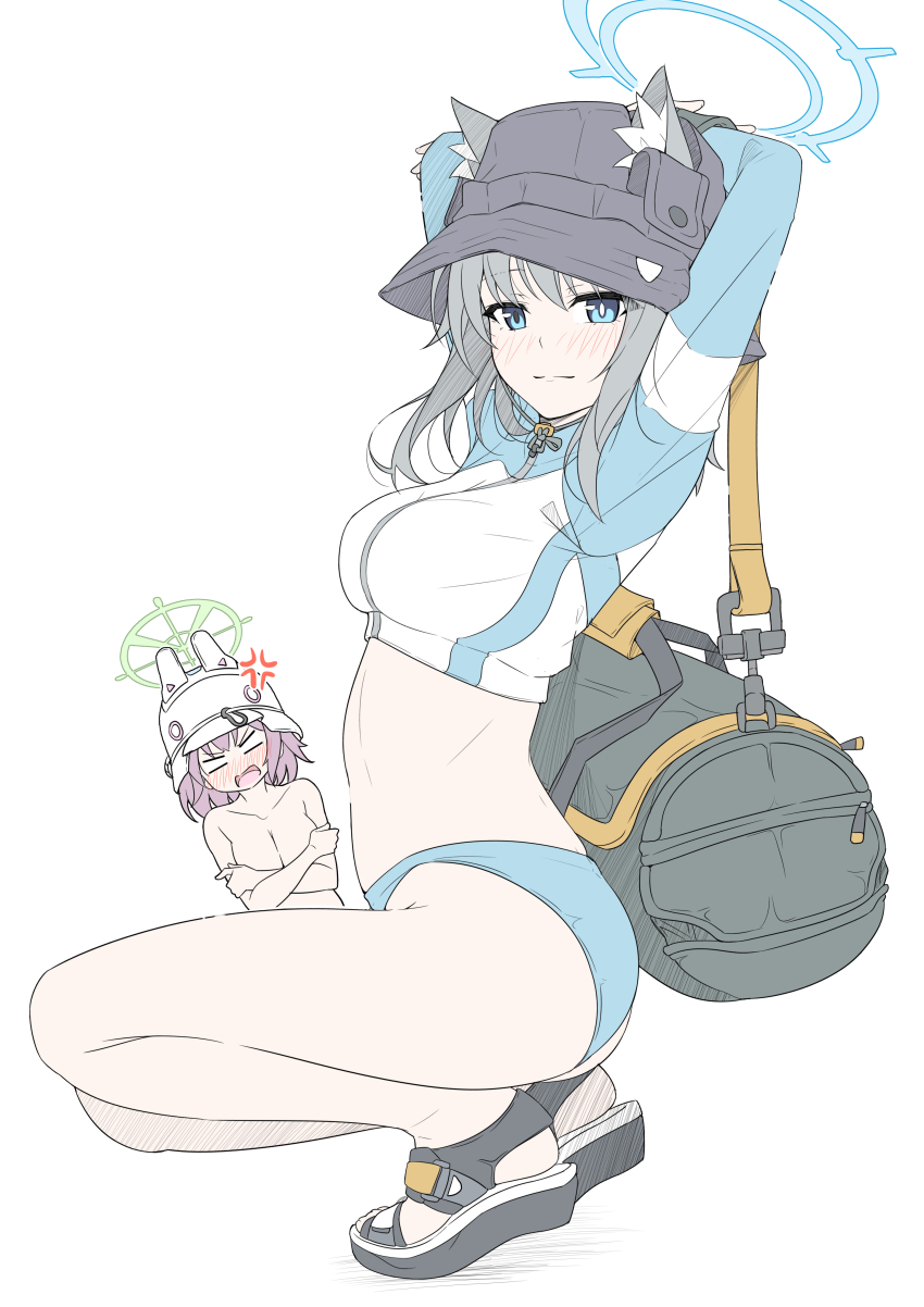 2girls absurdres anger_vein animal_ear_fluff animal_ears bikini black_headwear blue_archive blue_bikini blue_eyes blue_halo blush breasts closed_mouth cosplay fake_animal_ears flat_color green_halo grey_hair halo hat highres large_breasts long_sleeves medium_breasts medium_hair mismatched_pupils multicolored_bikini multiple_girls navel open_mouth purple_hair rabbit_ears raglan_sleeves rash_guard saki_(blue_archive) saki_(blue_archive)_(cosplay) saki_(swimsuit)_(blue_archive) shiroko_(blue_archive) simple_background squatting swimsuit t1kosewad two-tone_bikini white_background wolf_ears