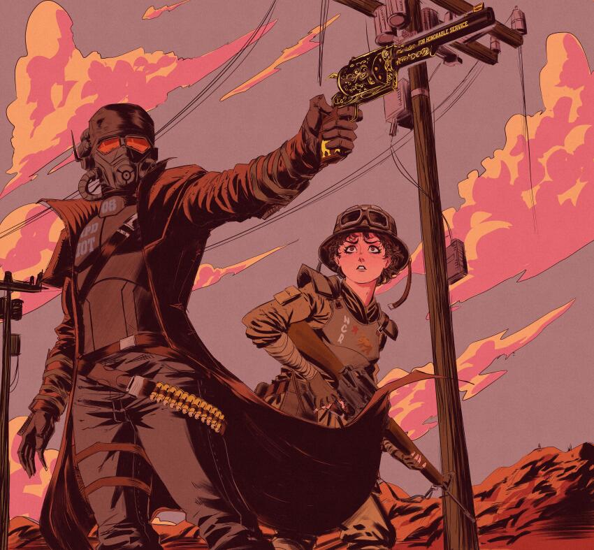 1boy 1girl absurdres aiming ammunition_belt ammunition_pouch ar-15 armor assault_rifle black_boots boots bracer brown_hair bulletproof_vest cloud cloudy_sky denim desert duster f3lla fallout fallout:_new_vegas fingerless_gloves frown gas_mask gloves goggles goggles_on_headwear gun handgun helmet highres jeans mask ncr_trooper ncr_veteran_ranger new_california_republic pants pauldrons pouch power_lines red_eyes revolver rifle shoulder_armor sky utility_pole weapon