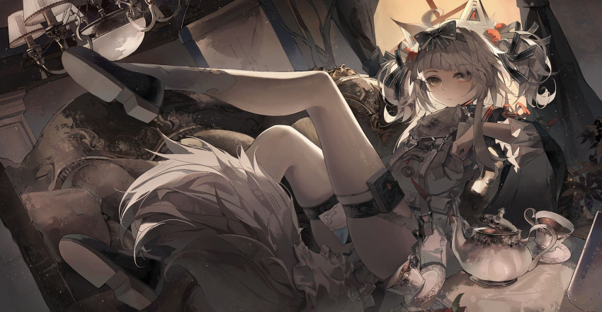 1girl ahoge animal_ears backpack bag bare_legs black_bow black_hairband black_shoes blunt_bangs bow bow_hairband calligraphy_scroll chandelier chenmuo chinese_commentary coin coin_on_string commentary couch cup curtains dress dutch_angle fake_animal_ears front_backpack full_body grey_eyes hair_ornament hair_ribbon hairband heterochromia highres holed_coin indoors leg_up light_particles loafers lying mechanical_ears no._21:_feral_scent_(pgr) no._21:_feral_scent_(revival_remedy)_(pgr) no._21_(pgr) official_alternate_costume on_couch orange_pom_poms orange_ribbon plant pom_pom_(clothes) pom_pom_hair_ornament pouch punishing:_gray_raven ribbon scroll shoes short_dress shoulder_ribbon single_sidelock socks solo tail tassel tea teacup teapot thigh_pouch thigh_strap two_side_up white_bag white_dress white_hair white_socks window yellow_eyes