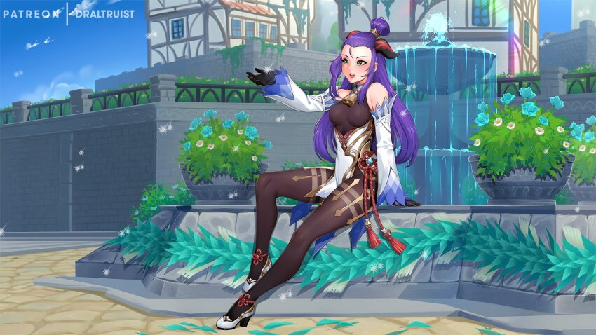 1girl bangs_pinned_back bare_shoulders bell black_gloves bodystocking borrowed_character breasts chinese_knot commission cosplay cowbell detached_sleeves dr_altruist flower_knot fountain full_body ganyu_(genshin_impact) ganyu_(genshin_impact)_(cosplay) genshin_impact gloves goat_horns gold_trim green_eyes highres horns jewelry medium_breasts neck_bell original outdoors pantyhose plant potted_plant purple_hair sitting solo star_(starnight17) tassel thighlet white_sleeves