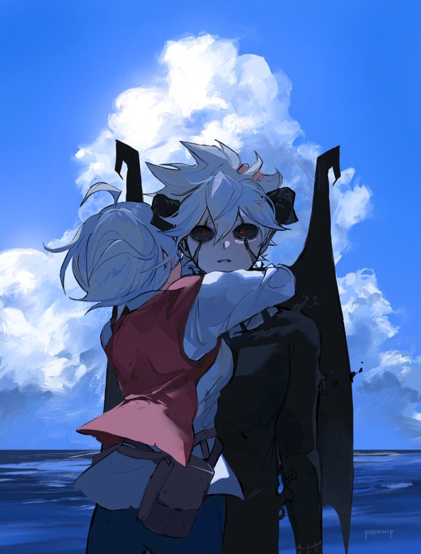 1boy 1girl artist_name black_clover black_sclera blue_sky cloud colored_sclera demon_boy demon_wings grey_hair highres hug licita_(black_clover) liebe_(black_clover) looking_at_viewer mother_and_son ocean poonwip red_pupils sky white_hair wings