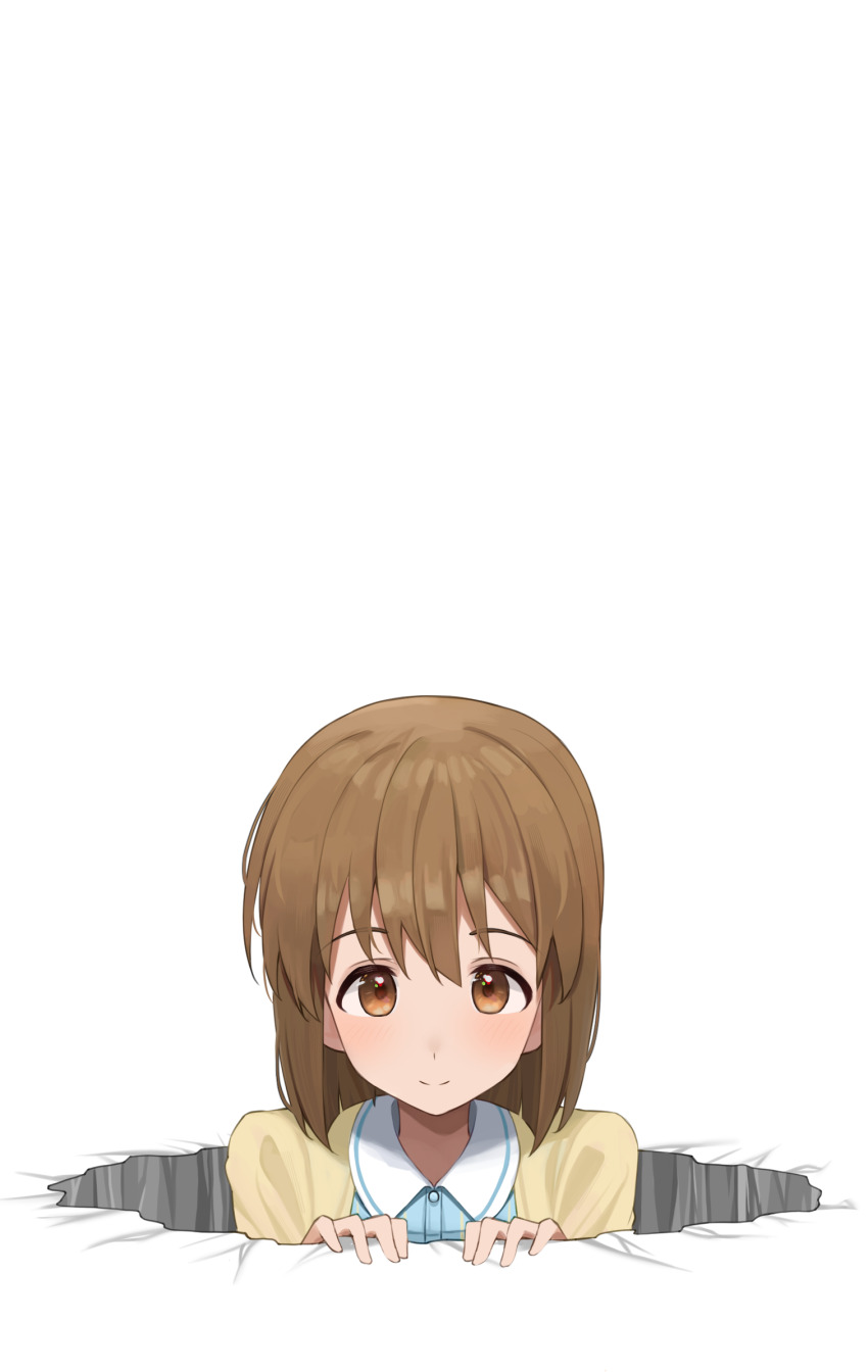 1girl blush brown_eyes brown_hair ground_shatter hagiwara_yukiho hands_up highres hole idolmaster idolmaster_(classic) light_smile looking_at_viewer negative_space simple_background solo straight-on straight_hair through_ground upper_body white_background yaki_tai