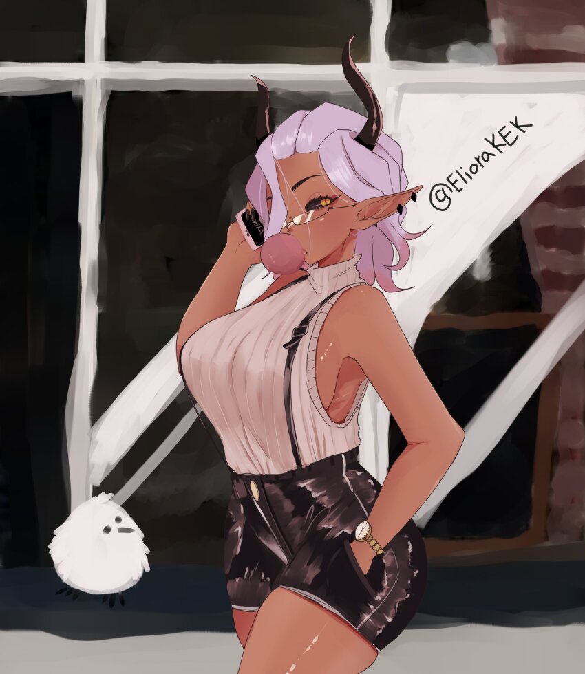1girl bird black-framed_eyewear black_horns black_sclera black_shorts blowing_bubbles breasts cellphone chewing_gum colored_sclera commentary cowboy_shot dark-skinned_female dark_skin earrings eliorakek english_commentary glasses grey_sweater hair_between_eyes hair_over_one_eye hand_in_pocket highres holding holding_phone horns indie_virtual_youtuber jewelry large_breasts long-tailed_tit long_bangs looking_at_viewer medium_hair orange_eyes phone pink_hair pointy_ears shorts sideboob sleeveless sleeveless_sweater solo suspenders sweater tit_(bird) turtleneck turtleneck_sweater twitter_username virtual_youtuber watch weeze window wristwatch