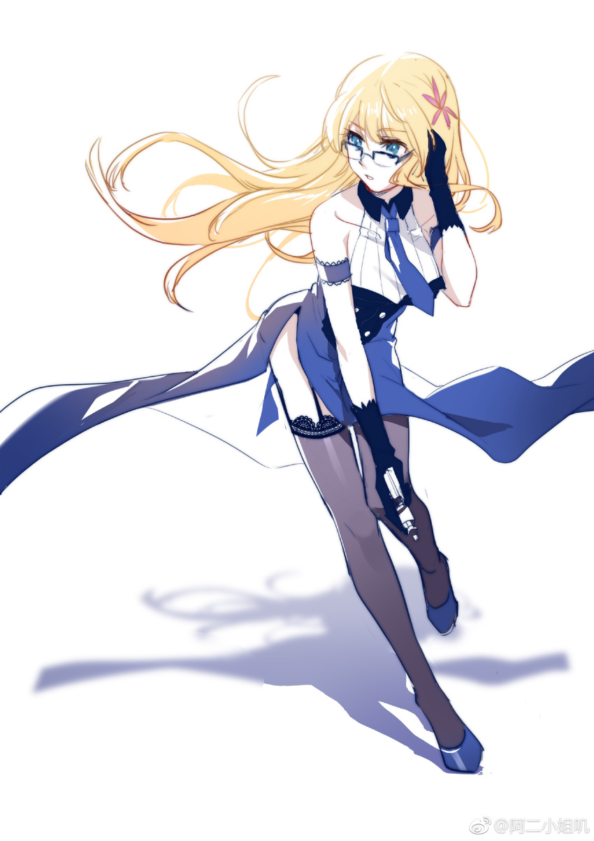1girl absurdres aer_(tengqiu) bare_shoulders black_gloves blonde_hair blue_eyes blue_necktie dress fingerless_gloves flower full_body garter_straps glasses gloves gun hair_flower hair_ornament highres hood_(warship_girls_r) long_hair necktie official_alternate_costume simple_background skirt sleeveless solo thighhighs warship_girls_r watermark weapon weibo_watermark white_background