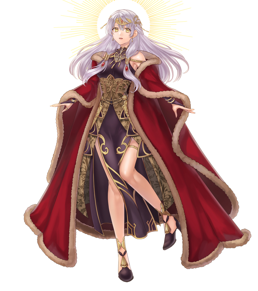 1girl absurdres bare_legs bare_shoulders black_dress black_gloves bracelet bridal_gauntlets cape circlet coat commission dress elbow_gloves fire_emblem fire_emblem:_radiant_dawn fire_emblem_cipher fire_emblem_heroes fur-trimmed_coat fur_trim gloves grey_hair half_updo hazuki_(nyorosuke) highres jewelry long_dress long_hair micaiah_(fire_emblem) micaiah_(radiant_queen)_(fire_emblem) nintendo official_alternate_costume pelvic_curtain red_cape red_coat side_slit simple_background skeb_commission sleeveless sleeveless_dress smile solo turtleneck turtleneck_dress white_background yellow_eyes
