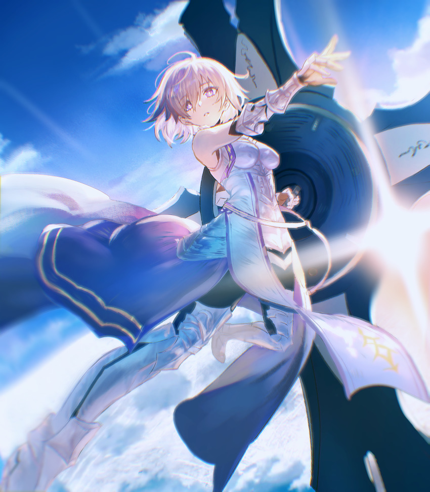 1girl absurdres armor armored_boots bare_shoulders blue_sky boots cloud commentary_request fate/grand_order fate_(series) gauntlets heartunder_hub highres holding holding_shield looking_at_viewer mash_kyrielight mash_kyrielight_(paladin) official_alternate_costume purple_eyes shield short_hair sky solo white_armor