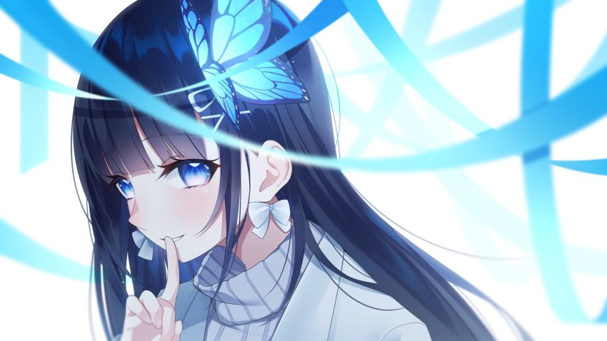 1girl aoi_nabi black_hair blue_eyes bow bow_earrings earrings finger_to_mouth grey_jacket grey_sweater hair_behind_ear highres indie_virtual_youtuber jacket jewelry long_hair looking_at_viewer parted_lips ribbon shushing smile solo sweater the_cold turtleneck turtleneck_sweater virtual_youtuber